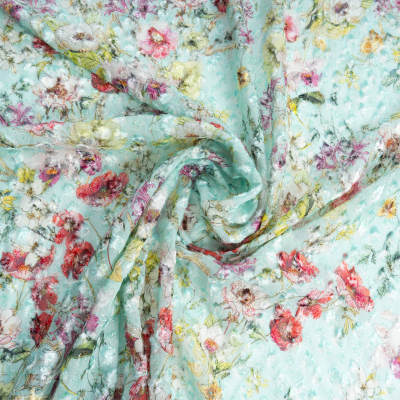 Devore Floral Pattern Wild Floral Printed Aqua Blue Metallic Devoré Velvet