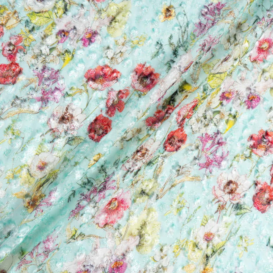 Devore Floral Pattern Wild Floral Printed Aqua Blue Metallic Devoré Velvet