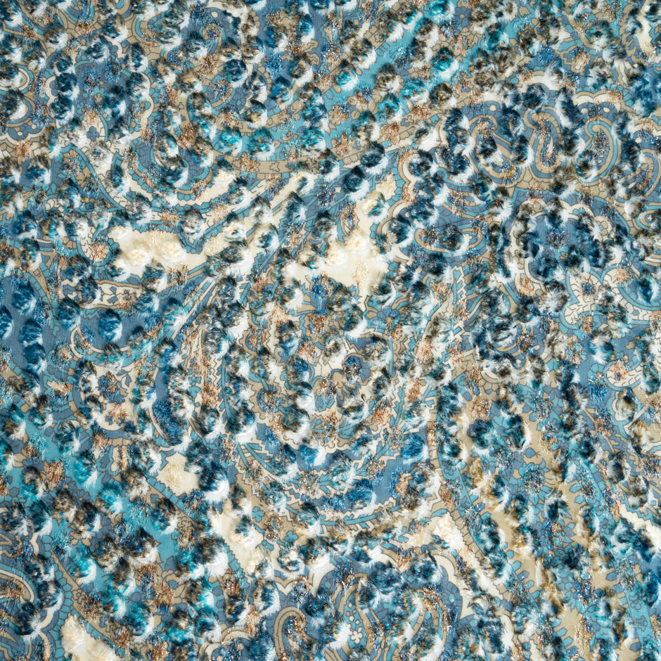 Blue & Beige Printed Metallic Devoré Velvet