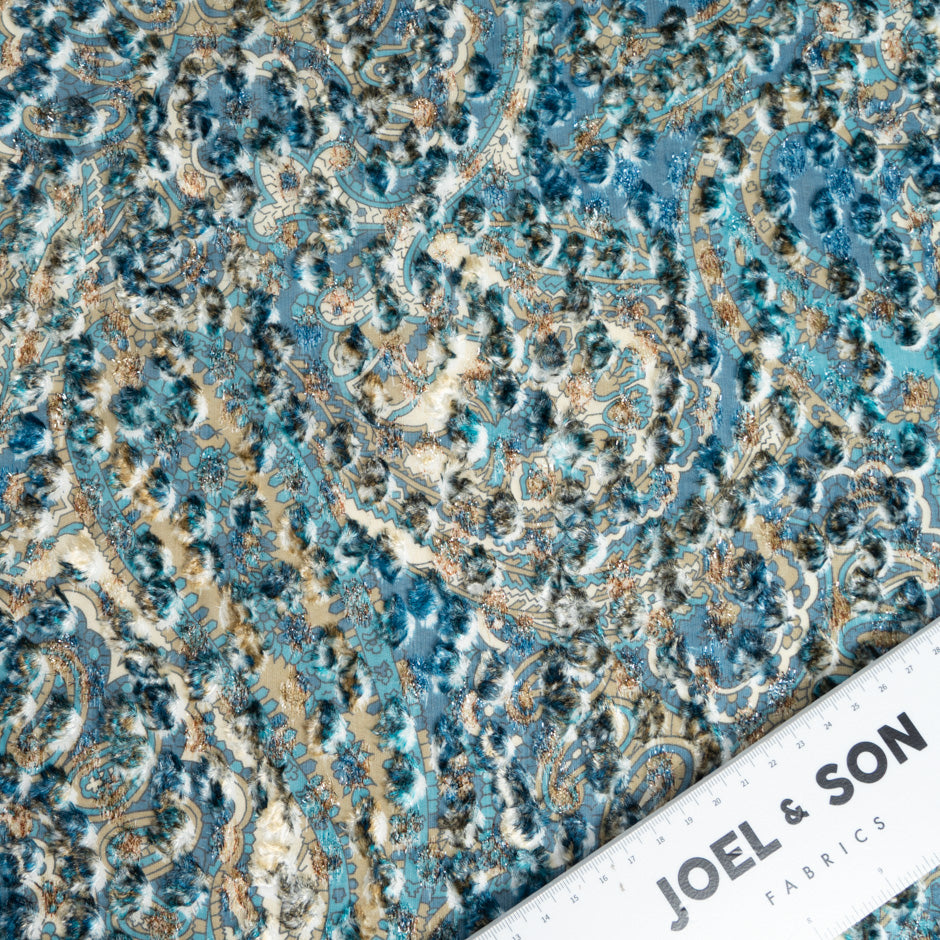Blue & Beige Printed Metallic Devoré Velvet