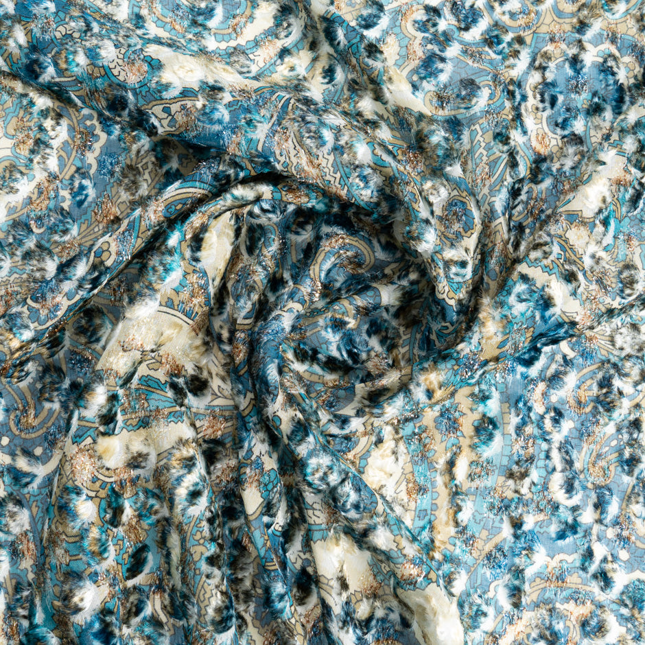 Blue & Beige Printed Metallic Devoré Velvet