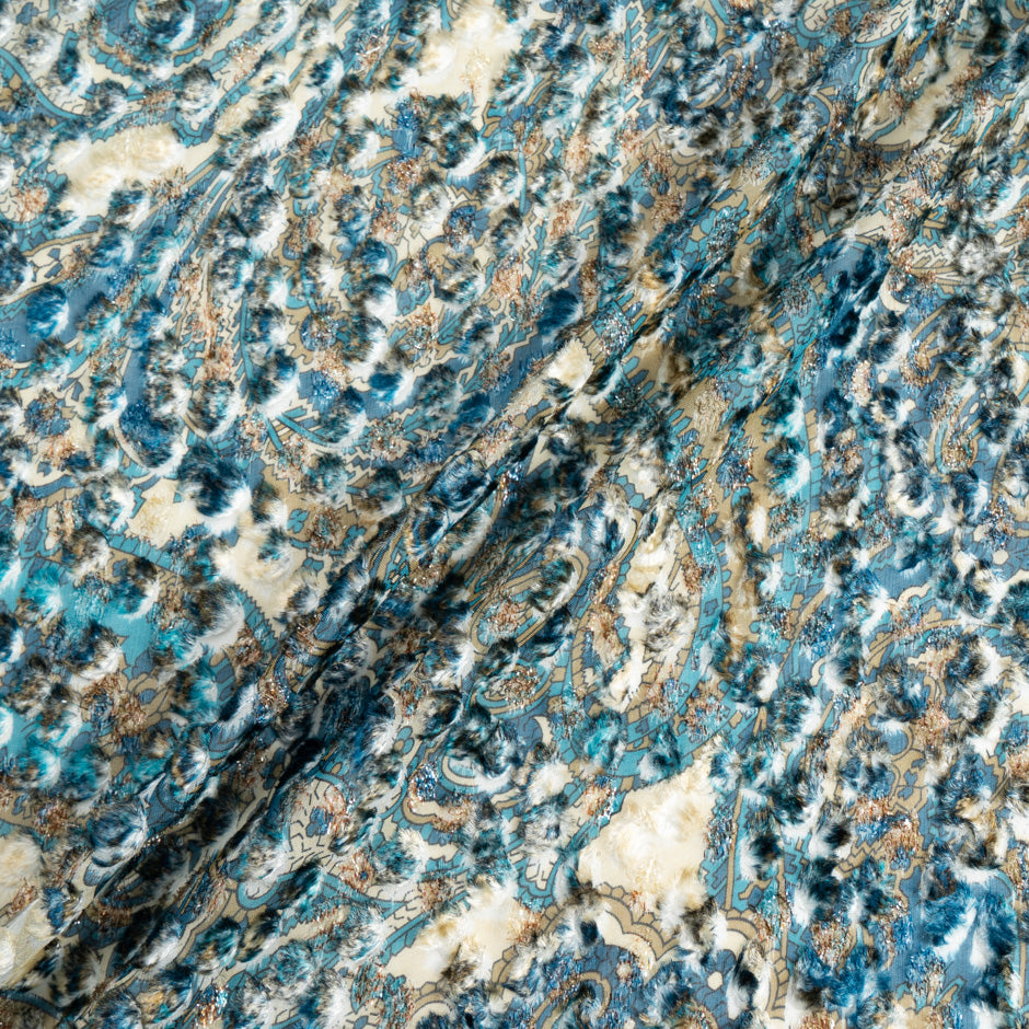 Blue & Beige Printed Metallic Devoré Velvet