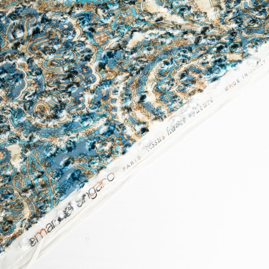 Blue & Beige Printed Metallic Devoré Velvet