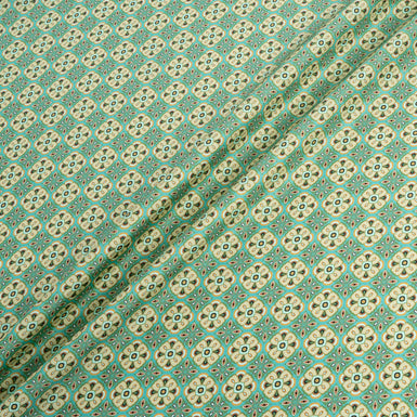 Green Geometric Floral Printed Silk Twill