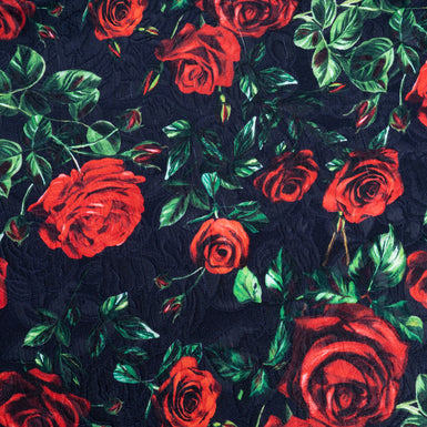 Red Rose on Midnight Blue Cotton & Silk Blend Cloqué