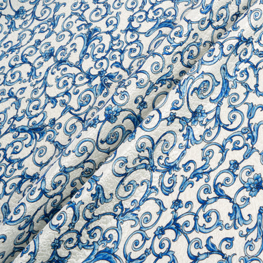 Blue 'Fleur de Lis' Cotton & Silk Blend Cloqué