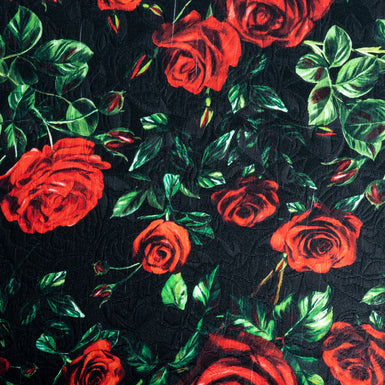 Red Rose Printed Black Wool & Silk Blend Cloqué