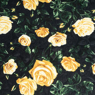 Yellow Rose Printed Black Wool & Silk Blend Cloqué