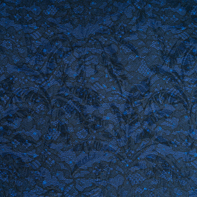 Black Lace Printed Dark Blue Silk & Cotton Blend Cloqué