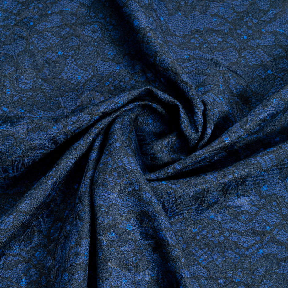 Black Lace Printed Dark Blue Silk & Cotton Blend Cloqué