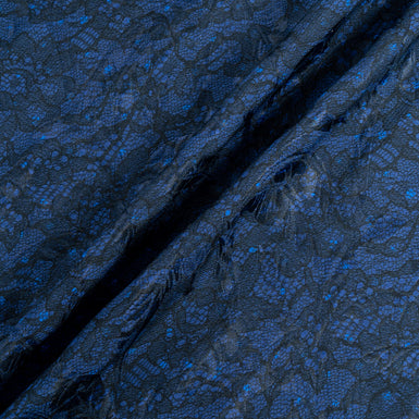 Black Lace Printed Dark Blue Silk & Cotton Blend Cloqué