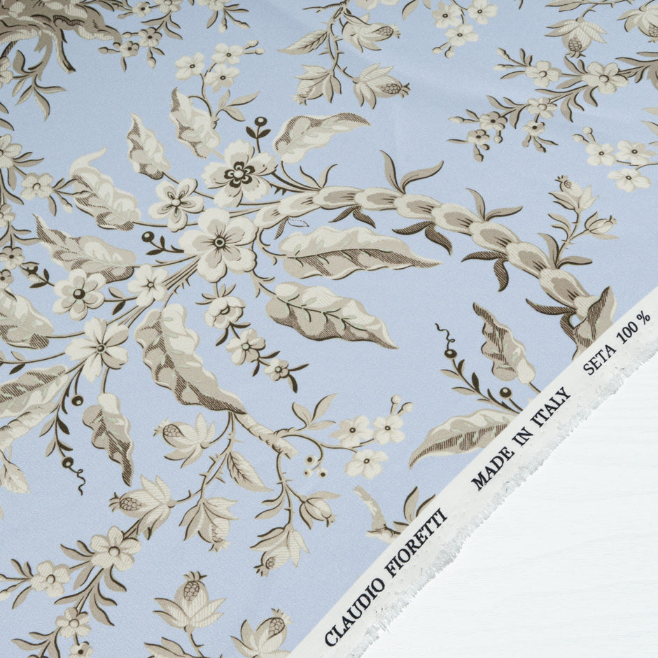 Floral Printed Dusty Blue Silk Crêpe (A 2.50m Piece)