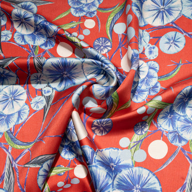 Blue Floral Printed Red Double Silk Satin