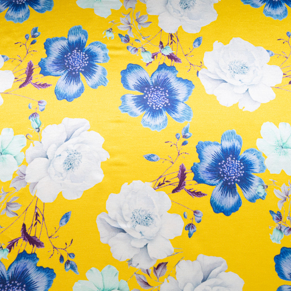 Blue & White Floral Printed Yellow Double Silk Satin (A 1.80m Piece)