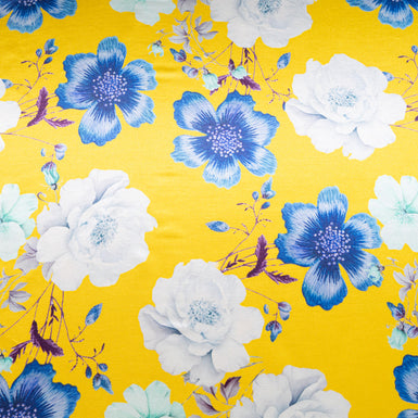 Blue & White Floral Printed Yellow Double Silk Satin