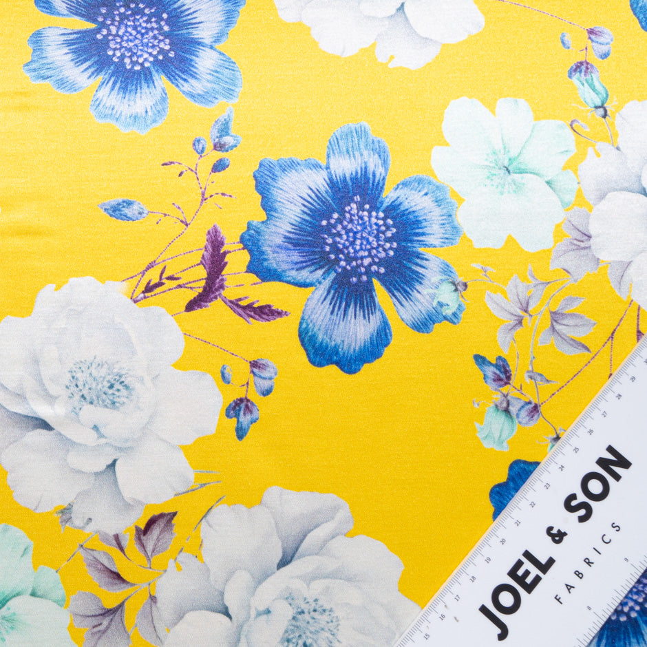 Blue & White Floral Printed Yellow Double Silk Satin (A 1.80m Piece)