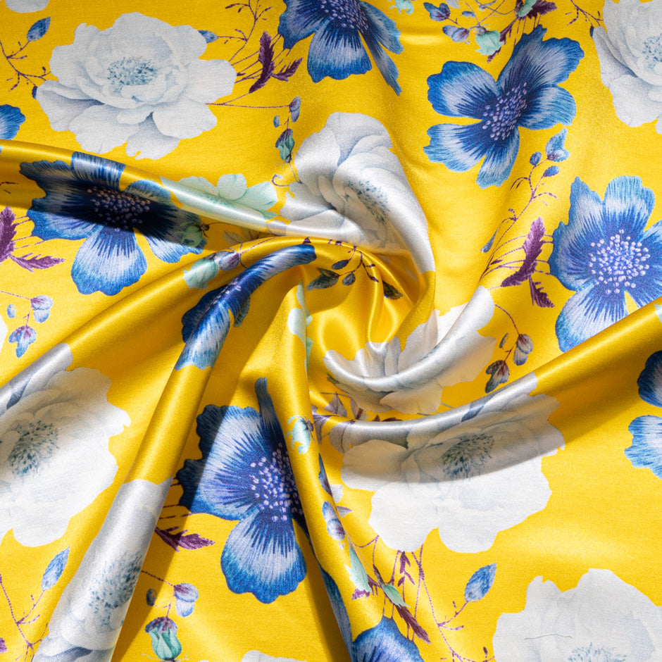 Blue & White Floral Printed Yellow Double Silk Satin (A 1.80m Piece)