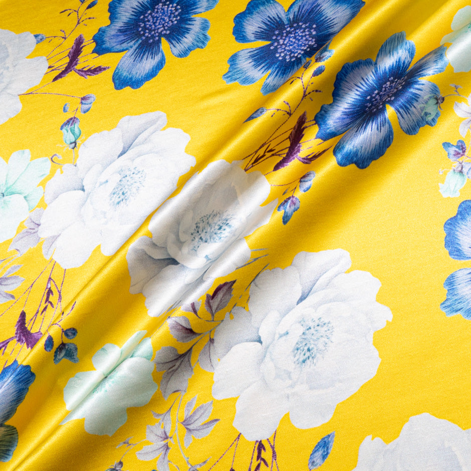Blue & White Floral Printed Yellow Double Silk Satin (A 1.80m Piece)