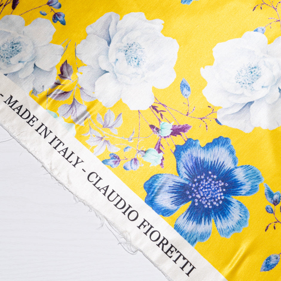 Blue & White Floral Printed Yellow Double Silk Satin (A 1.80m Piece)