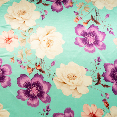Magenta Floral Printed Mint Double Silk Satin (A 2.75m Piece)