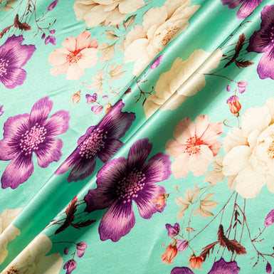 Magenta Floral Printed Mint Double Silk Satin