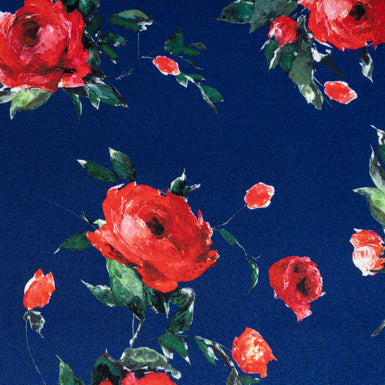 Red Rose Printed French Blue Silk Crêpe
