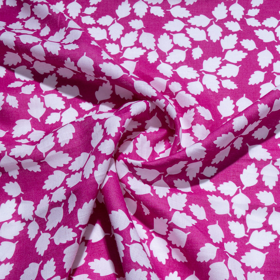 White Leaf Printed Magenta Pink Linen