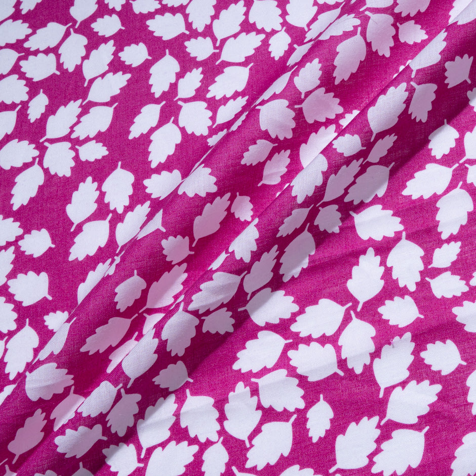 White Leaf Printed Magenta Pink Linen