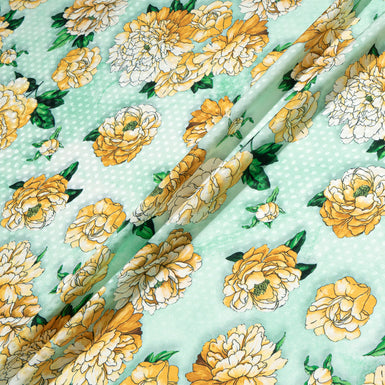 Deep Yellow Floral Printed Mint Green Silk Jacquard