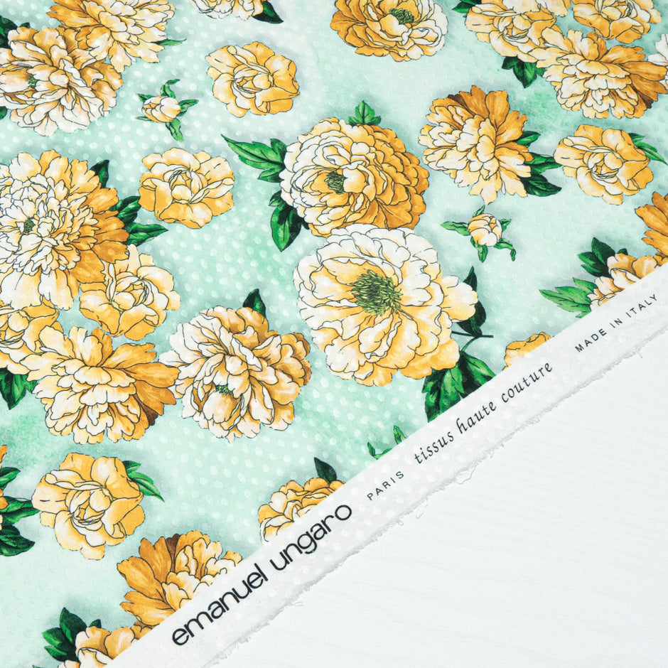 Deep Yellow Floral Printed Mint Green Silk Jacquard