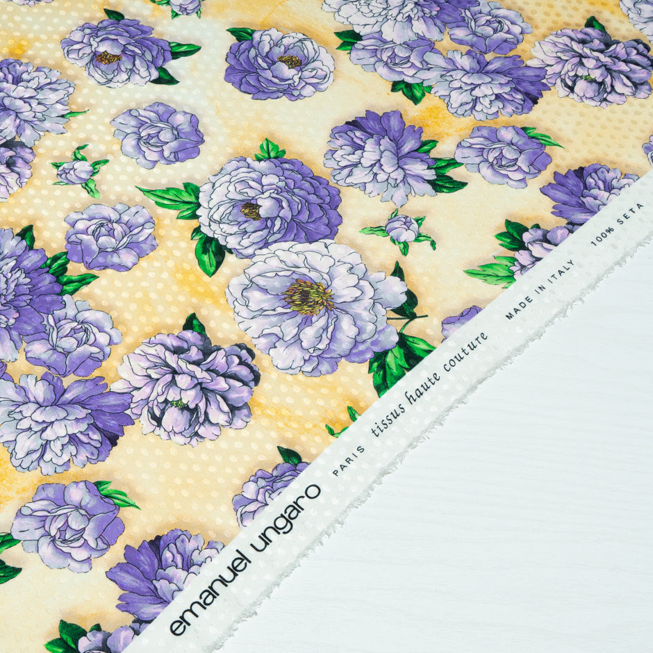 Lavender Floral Printed Yellow Silk Jacquard