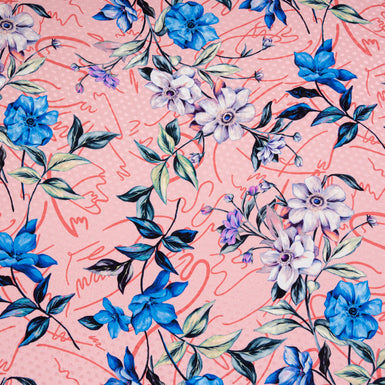 Royal Blue Floral Printed Dusty Pink Silk Jacquard