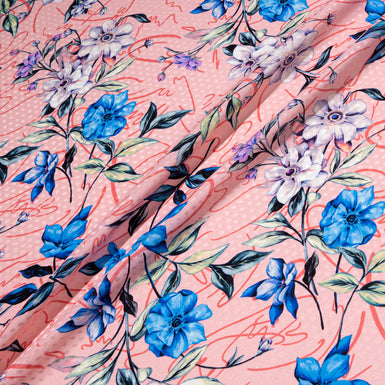 Royal Blue Floral Printed Dusty Pink Silk Jacquard