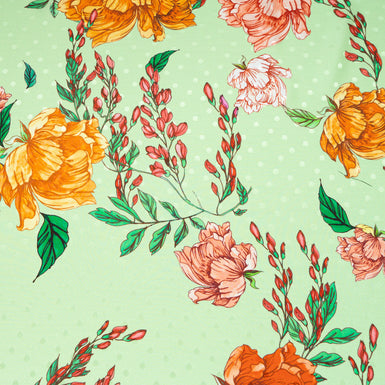 Bold Orange Floral Printed Rich Green Silk Jacquard