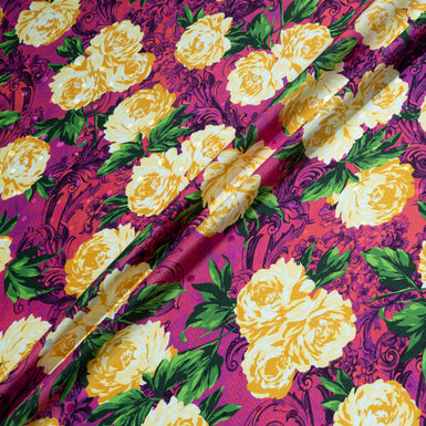 Yellow Rose Printed Deep Magenta Pink Silk Jacquard