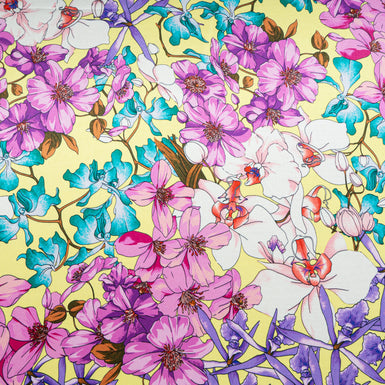Fuchsia & Purple Floral Printed Yellow Silk Satin
