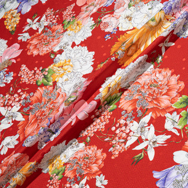 Multi-Coloured Floral Printed Rich Red Silk Jacquard