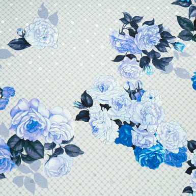 Blue Floral Printed Pale Grey Silk Jacquard