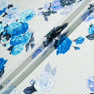 Blue Floral Printed Pale Grey Silk Jacquard