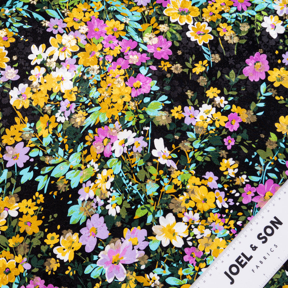Pink Floral Printed Black Silk Metallic Jacquard