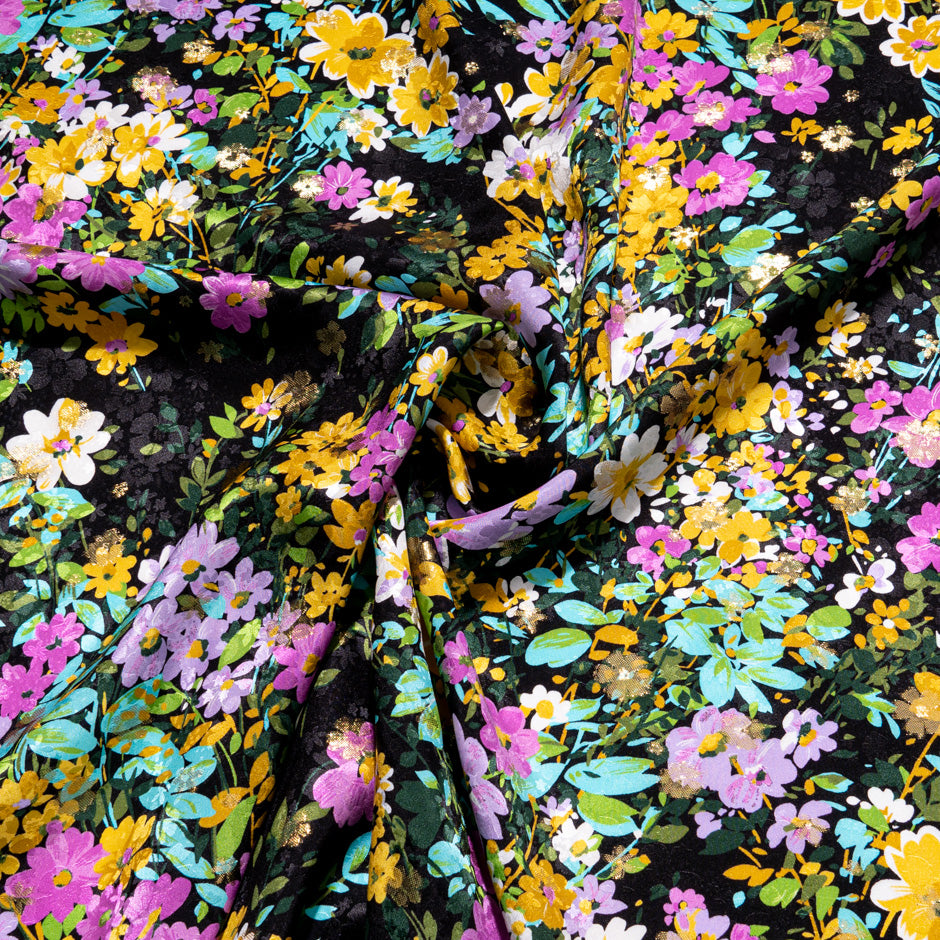 Pink Floral Printed Black Silk Metallic Jacquard