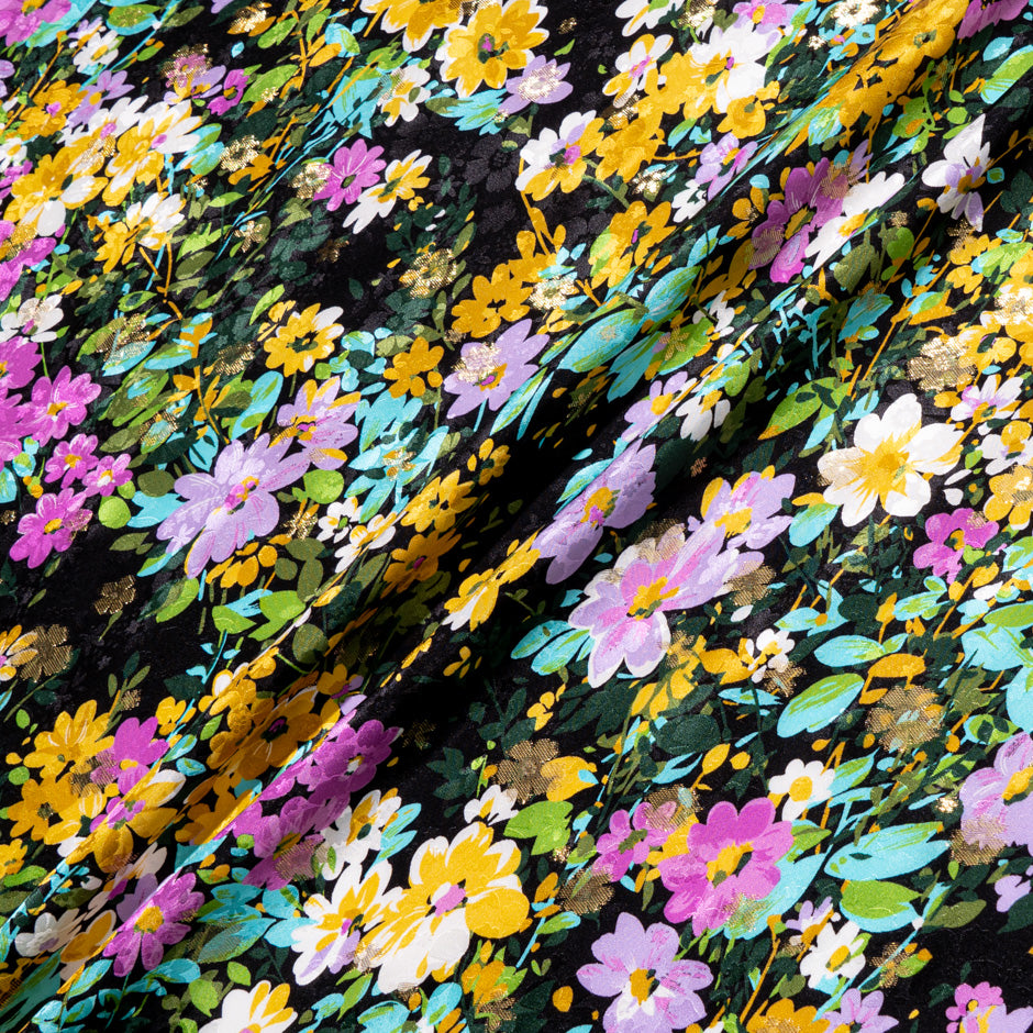 Pink Floral Printed Black Silk Metallic Jacquard