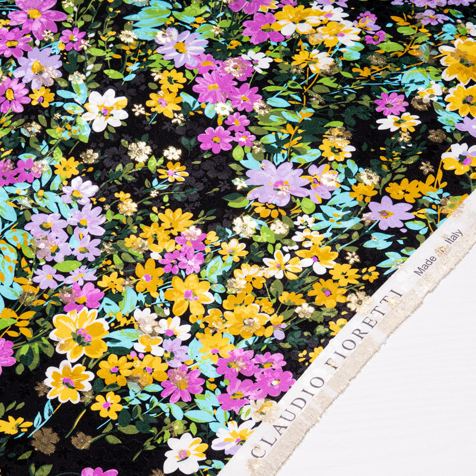 Pink Floral Printed Black Silk Metallic Jacquard