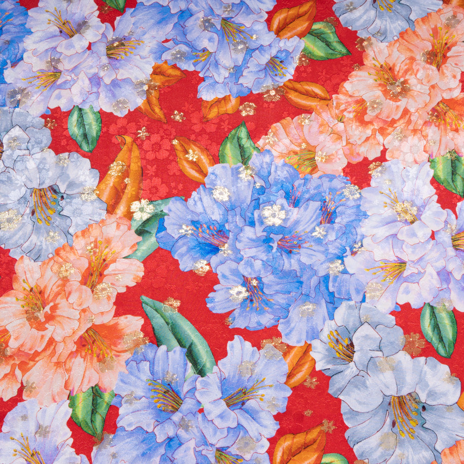 Orange & Blue Floral Printed Red Silk Metallic Jacquard (A 1.40m Piece)