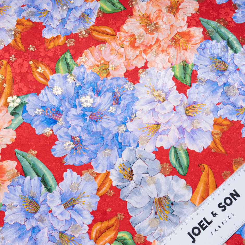 Orange & Blue Floral Printed Red Silk Metallic Jacquard (A 1.40m Piece)