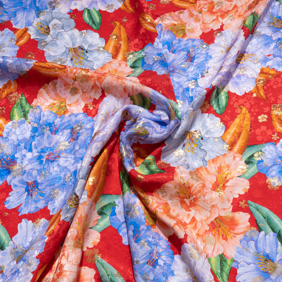 Orange & Blue Floral Printed Red Silk Metallic Jacquard (A 1.40m Piece)