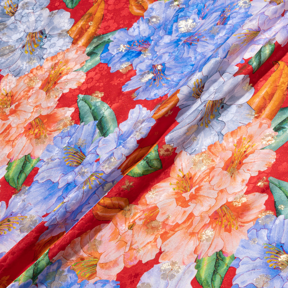 Orange & Blue Floral Printed Red Silk Metallic Jacquard (A 1.40m Piece)