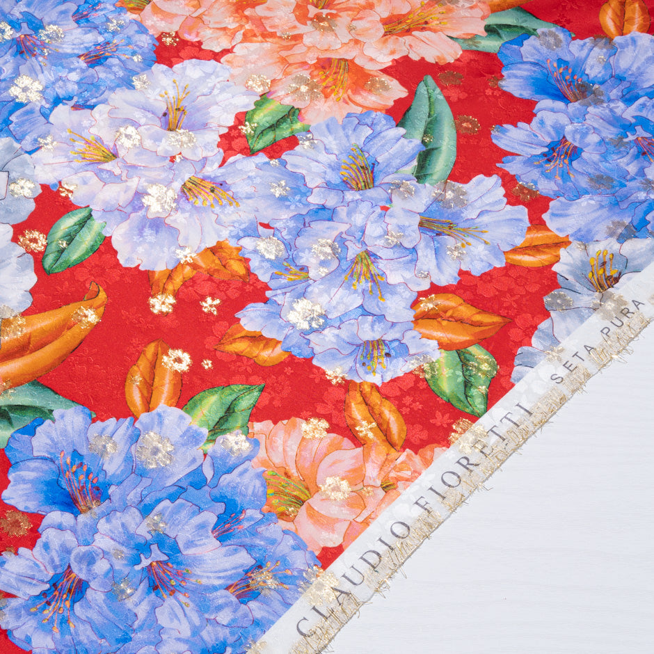 Orange & Blue Floral Printed Red Silk Metallic Jacquard (A 1.40m Piece)