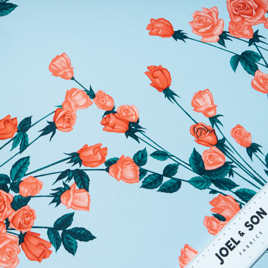 Coral Pink Rose Printed Blue Silk Grosgrain Faille