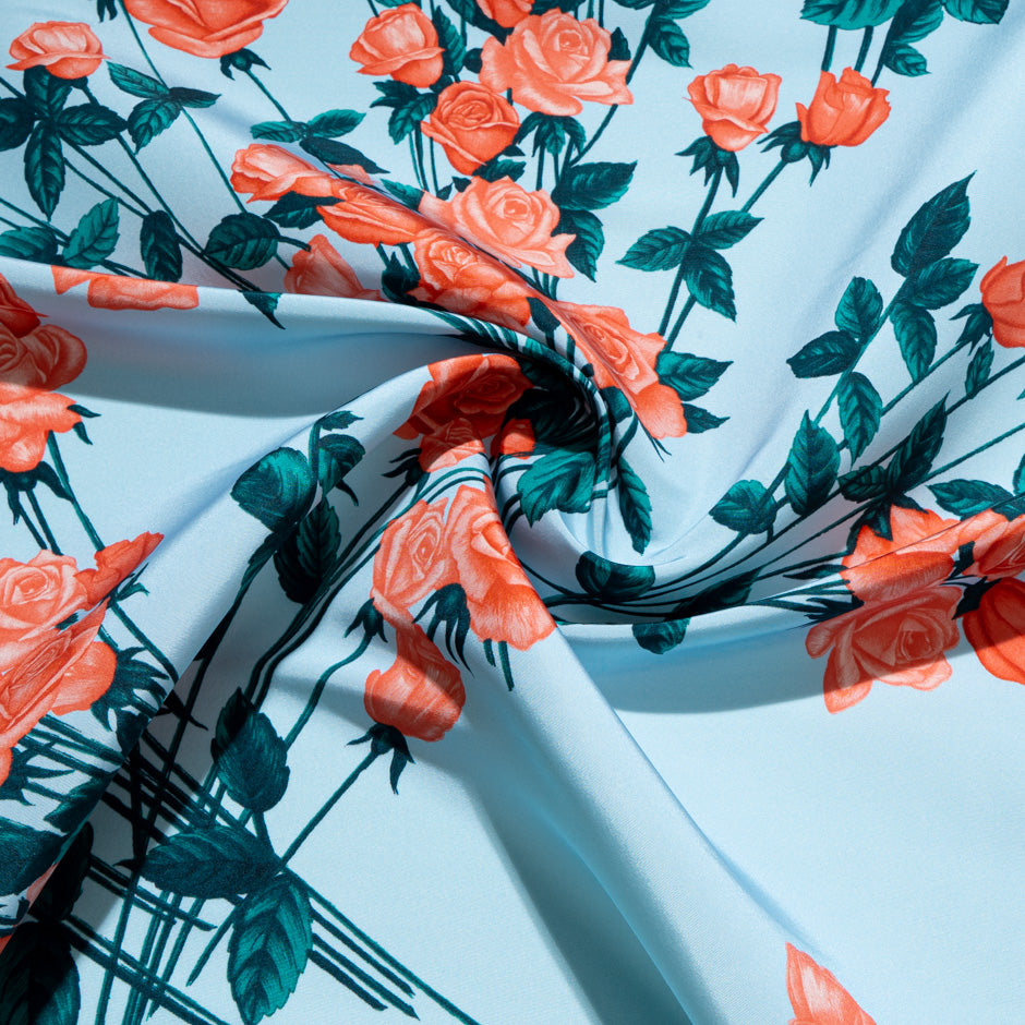 Coral Pink Rose Printed Blue Silk Grosgrain Faille